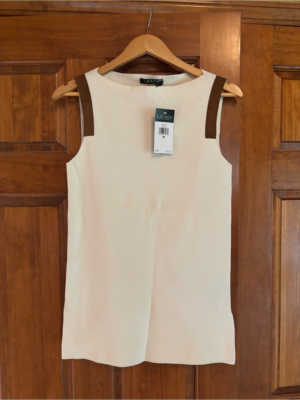 Ralph Lauren Cream Sleeveless Shift Blouse with Brown Shoulder Panels